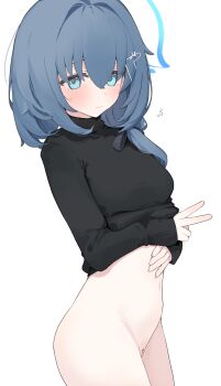 1girl aqua_eyes bar_censor blue_archive blue_hair blue_halo bottomless breasts censored commentary_request hair_between_eyes hair_ornament halo highres medium_breasts medium_hair mikozin original pussy simple_background solo standing v white_background