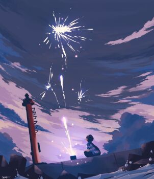 1boy aerial_fireworks black_hair black_pants bloom blue_shirt cloud cloudy_sky faceless faceless_male fireworks from_below highres lighthouse looking_up original outdoors pants scenery shirt short_hair sky solo squatting taizo_(taizo_03) twilight water