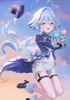 1girl absurdres ahoge aqua_eyes blue_bow blue_eyes blue_hair blue_shirt blush bouquet bow flower furina_(genshin_impact) genshin_impact gloves hair_between_eyes hat heterochromia high_heels highres holding holding_bouquet looking_at_viewer midriff_peek open_mouth shirt short_shorts shorts smile solo thigh_strap top_hat vision_(genshin_impact) white_gloves white_shorts yukineco_0928