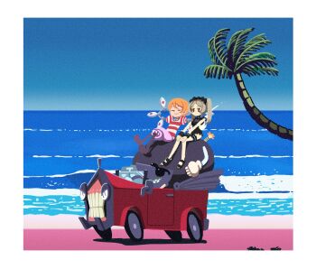 Rule 34 | 2girls, alternate costume, andy anvil, arms behind head, beach, bloody marie (skullgirls), car, closed eyes, crossed legs, cyborg, driving, flip-flops, frilled thigh strap, frills, grey hair, grin, hands behind own head, highres, kuroirozuki, lenny the bomb, motor vehicle, multiple girls, ocean, old-fashioned swimsuit, one-piece swimsuit, orange hair, outdoors, palm tree, peacock (skullgirls), red eyes, sandals, scrunchie, sharp teeth, short hair, sitting, skullgirls, smile, sunglasses, swimsuit, teeth, thigh strap, tommy ten-tons, tree, twintails, wrist scrunchie