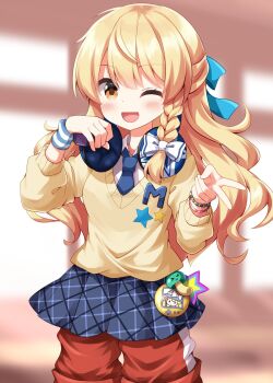 1girl ;d blonde_hair blue_necktie blue_ribbon blue_skirt blurry blurry_background blush bow bracelet commentary_request cowboy_shot hair_bow hair_ribbon hands_up highres jewelry kirisame_marisa kirisame_marisa_(dauntless_problem_child) long_hair looking_at_viewer necktie one_eye_closed open_mouth pleated_skirt red_shorts ribbon ruu_(tksymkw) school_uniform shorts shorts_under_skirt skirt smile solo sweater touhou touhou_lostword v white_bow yellow_eyes yellow_sweater