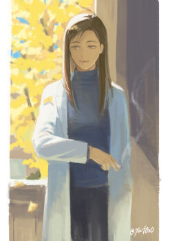 Rule 34 | 1girl, blue sweater, brown hair, cigarette, cowboy shot, highres, ieiri shoko, jujutsu kaisen, lab coat, long hair, painting (medium), signature, smoke, solo, sweater, traditional media, tree, yellow leaves, yuto (yut0x0)