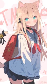 1girl animal_ear_fluff animal_ears backpack bag bell black_bow black_choker black_thighhighs blonde_hair blue_eyes blue_sailor_collar blue_skirt blush bow cat_ears cat_girl cat_tail character_name choker commentary_request girls'_frontline hair_bow highres koshka_pic long_hair long_sleeves neck_bell neckerchief paw_print pleated_skirt randoseru red_neckerchief sailor_collar school_uniform serafuku signature simple_background skirt sleeves_past_fingers sleeves_past_wrists solo tail tail_bow tail_ornament thighhighs tmp_(girls'_frontline) tmp_(meow_prism_power)_(girls'_frontline)