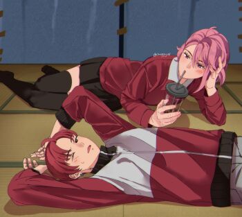 1boy 1girl ahoge black_skirt black_thighhighs bubble_tea chappyvii cup dandadan drinking_glass drinking_straw drinking_straw_in_mouth earrings enjoji_jin gym_uniform highres holding holding_cup indoors jewelry lying medium_hair miniskirt on_back on_floor on_side one_eye_closed pink_hair pleated_skirt red_hair school_uniform shiratori_aira_(dandadan) short_hair skirt tatami thighhighs twitter_username