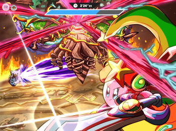 battle chariot_(kirby) commentary_request countdown_timer green_hat hat health_bar highres holding holding_sword holding_weapon interdimensional_magolor kirby kirby's_return_to_dream_land_deluxe kirby_(series) kirby_air_ride kirby_air_riders laser magolor magolor_epilogue master_crown master_crown_(tree) mhmc_(jfzm4548) nintendo no_humans one-eyed sparkle star_(symbol) sword sword_kirby tree ultra_sword_kirby warp_star weapon