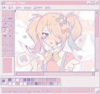 1girl absurdres ame-chan_(needy_girl_overdose) blood blood_on_face bloody_weapon blue_eyes blush bow chou_ame-chan_(needy_girl_overdose) chouzetsusaikawa_tenshi-chan collared_shirt daishyyy hair_bow hair_ornament hair_over_one_eye highres holding holding_knife knife microsoft_paint_(software) multicolored_hair needy_girl_overdose official_alternate_color parted_bangs pastel_colors shirt skirt speech_bubble suspender_skirt suspenders twintails user_interface weapon x_hair_ornament