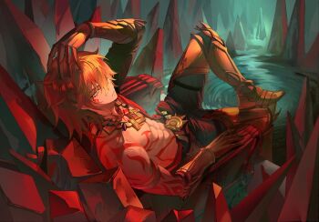 1boy abs arm_tattoo armlet armored_boots black_coat black_pants blonde_hair boots braid chest_tattoo clawed_gauntlets coat commentary crystal earrings facial_tattoo gold_earrings gold_necklace gradient_hair hand_on_own_head honkai:_star_rail honkai_(series) jewelry male_focus medium_hair multicolored_hair mydei_(honkai:_star_rail) necklace open_clothes open_coat pants red_hair red_tattoo ripples side_braid solo tattoo toned toned_male unyanyat yellow_eyes