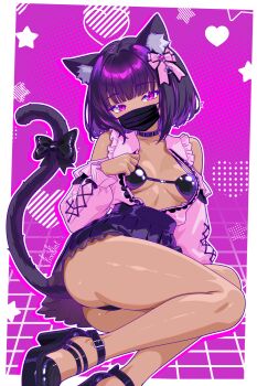 1girl absurdres animal_ear_fluff animal_ears artist_self-insert ass belt_collar bikini black_bikini black_collar black_hair black_mask black_panties black_shoes bow breasts cat_ears cat_girl cat_tail closed_mouth clothing_cutout collar dark-skinned_female dark_skin finn_flint finn_flint_(vtuber) frilled_shirt_collar frills full_body hair_bow heart high_heels highres indie_virtual_youtuber jirai_kei long_sleeves looking_at_viewer mask medium_breasts mouth_mask on_floor original panties pink_shirt platform_heels purple_background purple_eyes shiny_clothes shiny_skin shirt shoes shoulder_cutout smile swimsuit tail tail_bow tail_ornament underwear virtual_youtuber