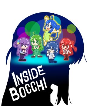 5girls ahoge anger_(inside_out) anger_(inside_out)_(cosplay) blue_eyes blue_hair bocchi_the_rock! chibi closed_eyes closed_mouth cosplay cube_hair_ornament disgust_(inside_out) disgust_(inside_out)_(cosplay) fear_(inside_out) fear_(inside_out)_(cosplay) glasses gotoh_hitori gotoh_hitori_(octopus) green_eyes green_hair hair_ornament highres ijichi_nijika ijichi_seika inside_out joy_(inside_out) joy_(inside_out)_(cosplay) kita_ikuyo kneeling long_hair looking_at_viewer mada_shichiji multiple_girls necktie open_mouth purple_eyes purple_hair red_eyes red_hair round_eyewear sadness_(inside_out) sadness_(inside_out)_(cosplay) side_ponytail simple_background standing white_background yamada_ryo