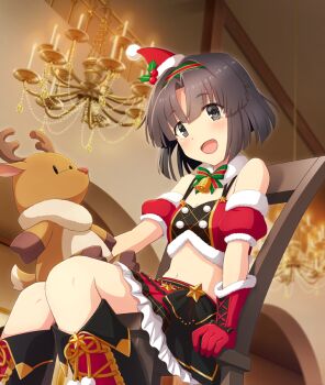 1girl :d arch arm_support bare_shoulders black_boots black_eyes black_hair black_skirt blush boots bow bowtie breasts chair chandelier christmas cleavage crop_top detached_sleeves dot_nose feet_out_of_frame from_below fur-trimmed_gloves fur-trimmed_headwear fur-trimmed_sleeves fur_collar fur_trim game_cg gloves green_bow green_bowtie green_hairband hairband hat holding holding_stuffed_toy indoors knee_boots looking_at_viewer midriff mini_hat mini_santa_hat musumi_kiyoka navel official_art on_chair open_mouth pom_pom_(clothes) red_gloves red_skirt red_sleeves santa_hat short_sleeves sitting skirt sleeveless small_breasts smile solo striped_bow striped_bowtie striped_clothes striped_hairband stuffed_animal stuffed_reindeer stuffed_toy third-party_source toji_no_miko toji_no_miko:_kizamishi_issen_no_tomoshibi two-tone_skirt