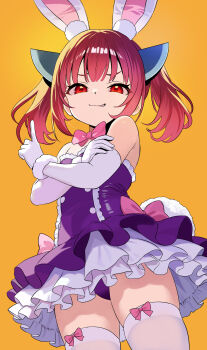 1girl akai_kuro animal_ears bow bow_legwear bowtie brown_hair crossed_arms fake_animal_ears fake_tail flat_chest fur_wrist_cuffs gloves grin headgear index_finger_raised leotard loli long_hair looking_at_viewer orange_background pink_bow pink_bowtie playboy_bunny purple_leotard purple_skirt rabbit_ears rabbit_tail red_eyes skirt smile standing tail teeth thighhighs touhoku_kiritan twintails upskirt voiceroid white_gloves white_thighhighs wrist_cuffs