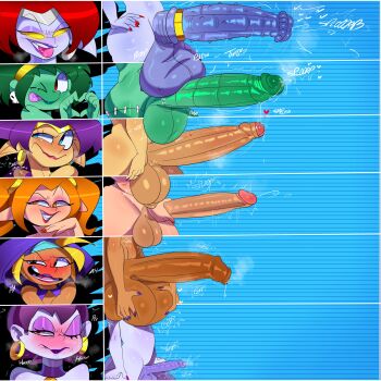 6+futa absurdres chart colored_skin comparison ear_piercing embarrassed erection futanari green_eyes green_hair green_skin highres holly_lingerbean huge_penis huge_testicles juice large_penis large_testicles long_hair looking_at_viewer medium_penis multiple_futa nega-shantae one_eye_closed open_mouth orange_eyes orange_hair penis penis_chart penis_comparison penis_grab penis_size_difference piercing precum purple_hair purple_skin red_hair risky_boots rottytops shantae shantae_(series) size_comparison sky_(shantae) small_penis smile tayuri testicle_grab testicles tongue tongue_out twintails twitching_penis uncensored white_skin