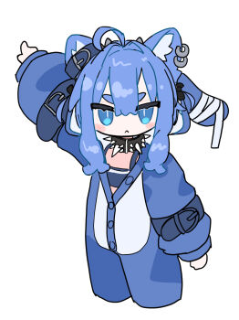 ahoge animal_ear_fluff animal_ear_piercing animal_ears arm_belt belt blue_eyes blue_hair blue_pajamas blush blush_stickers bow bright_pupils buttons chibi collar commentary_request cowboy_shot crop_top cropped_legs determined ear_belt facing_viewer flat_chest hair_bow hair_intakes highres jitome long_sidelocks looking_at_viewer medium_hair multiple_belts naz_(736) open_pajamas original pajamas pointing pointing_up puffy_sleeves sidelocks slit_pupils smile spiked_collar spikes standing thick_eyebrows thick_eyelashes unkempt white_background white_pupils