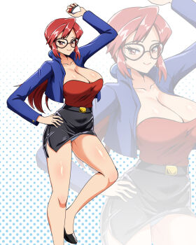 1girl belt breasts cleavage glasses hand_on_own_hip jacket large_breasts lips long_hair long_sleeves lorelei_(pokemon) nintendo panties poke_ball pokemon pokemon_(anime) pokemon_(classic_anime) polka_dot polka_dot_background ponytail red_hair skirt underwear zuchysdraws