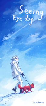 1boy absurdres animalization aotsuki_eito artist_name black_gloves black_shoes chinese_commentary commentary commission dated dog english_commentary english_text footprints gloves grey_hair highres holding holding_leash jacket leash looking_ahead male_focus mixed-language_commentary pants paw_print pet_walking shoes short_hair sleeve_pouch snow sumino_takumi sunglasses the_hundred_line_-last_defense_academy- trade-wind walking white_jacket white_pants