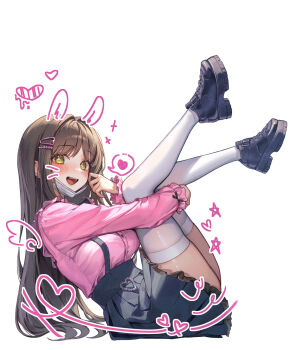 1girl black_shoes black_skirt black_survival breasts brown_hair drawn_ears drawn_whiskers eternal_return:_black_survival frilled_shirt frilled_skirt frills from_side green_eyes gweon_sua gyogyog highres hugging_own_legs jirai_kei large_breasts legs_up long_hair long_sleeves looking_at_viewer looking_to_the_side mask mask_pull mouth_mask open_mouth pink_shirt pleated_skirt reclining shirt shoes simple_background skirt smile solo suspenders symbol-shaped_pupils thighhighs very_long_hair white_background white_thighhighs