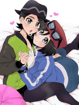 Rule 34 | 2boys, black boots, black hair, black hat, black pants, blue jacket, boots, bracelet, calem (pokemon), closed mouth, eyewear on headwear, green jacket, grey eyes, hat, heart, highres, holding hands, jacket, jewelry, long sleeves, male focus, multiple boys, nintendo, open mouth, pants, paxton (pokemon), pokemon, pokemon legends: z-a, pokemon xy, red hat, sana (37pisana), shirt, smile, sunglasses, tongue, white shirt, yaoi