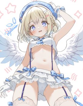 :d arm_at_side arm_up armpits bare_arms bare_shoulders black_garter_straps blonde_hair blue_bow blue_eyes blue_hat blue_necktie bow braid breasts bright_pupils commentary_request cowboy_shot cropped_shirt dot_nose feathered_wings from_below garter_straps gloves hair_ornament hairclip hand_on_own_head hat highres legs_apart light_blush looking_at_viewer looking_down medium_breasts medium_hair microskirt navel necktie open_mouth original panties pantyshot po_yo_ta_ma polka_dot polka_dot_bow polka_dot_hat signature skirt smile sparkle standing star_(symbol) straight_hair suspender_skirt suspenders underboob underwear upskirt white_gloves white_panties white_pupils white_skirt white_wrist_cuffs wings wrist_cuffs