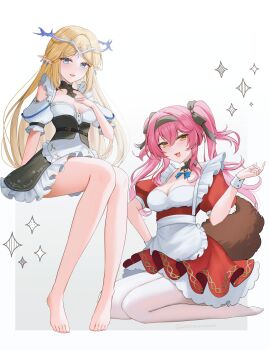 2girls absurdres alternate_costume apron black_bow black_dress black_hairband blonde_hair blue_eyes blush bow breasts cartethyia_(wuthering_waves) cleavage commentary crown_of_thorns dress earrings enmaided grey_background hair_between_eyes hair_bow hairband hand_on_own_chest hand_up highres invisible_chair jewelry long_hair looking_at_viewer lupa_(wuthering_waves) maid medium_breasts multiple_earrings multiple_girls multiple_hair_bows open_mouth parted_bangs pink_hair pointy_ears red_dress red_pupils sidelocks sinonomemikann sitting smile tacet_mark_(wuthering_waves) tail twintails twitter_username very_long_hair wariza wolf_tail wuthering_waves yellow_eyes