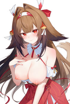 1girl absurdres animal_ears bare_shoulders blush breasts breasts_out brown_hair closed_mouth clothes_pull commentary_request cowboy_shot fingernails hair_flaps hair_intakes hair_ornament hairband hand_on_own_chest high-waist_skirt highres horse_ears horse_girl horse_tail large_breasts leaning_forward long_hair looking_at_viewer luma_li nipples official_alternate_costume red_eyes red_skirt shirt shirt_pull shirt_tucked_in simple_background skirt solo tail white_background white_hairband white_shirt ye_shunguang ye_shunguang_(touch_of_dawnlight) zenless_zone_zero