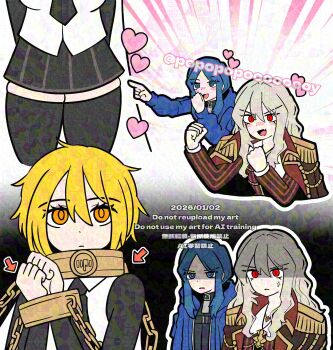 3girls adversarial_noise artist_name bari_(project_moon) black_shirt black_thighhighs blue_eyes blue_hair blue_jacket bound bound_wrists chain collar commentary don_quixote_(project_moon) epaulettes gaijin_4koma_(meme) grey_hair highres index_(identity)_(project_moon) jacket la_manchaland's_don_quixote_(project_moon) limbus_company long_hair meme multiple_girls popopopoooooooy project_moon red_eyes shirt sidelocks thighhighs twitter_username vest white_vest zettai_ryouiki