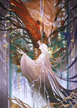 1boy 1girl absurdres baicumikuo blunt_ends border branch brown_hair closed_mouth coat code:_kite covered_eyes covered_face curtained_hair daxiushan face-to-face feet_out_of_frame floating_hair flower from_side green_background grey_border guanglingwang hand_up highres long_hair long_sleeves looking_up open_clothes open_coat orange_hanfu orange_robe parted_bangs pillarboxed profile red_coat robe rotational_symmetry snowflakes standing upside-down very_long_hair white_coat white_flower white_hair white_robe wide_sleeves zuo_ci_(code:_kite)