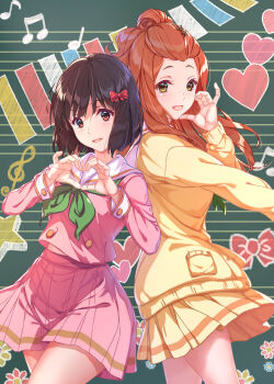 2girls bow brown_eyes brown_hair cardigan chalkboard commentary_request green_neckerchief hair_bow hair_ornament heart heart_hands hibike!_euphonium highres hisaishi_kanade kenzaki_ririka kurenaiz_(kureniz) long_hair long_sleeves looking_at_viewer miniskirt multiple_girls neckerchief open_mouth pink_shirt pink_skirt pleated_skirt red_bow sailor_collar school_uniform serafuku shirt short_hair skirt smile standing star_(symbol) star_hair_ornament white_sailor_collar yellow_cardigan yellow_skirt
