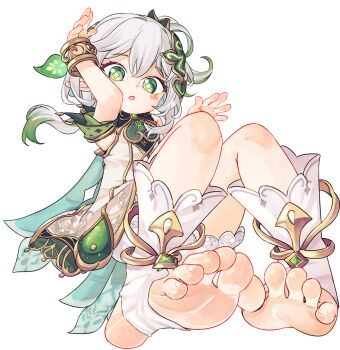 1girl barefoot blush boots chaosexceed commentary cross-shaped_pupils detached_sleeves dress english_commentary feet full_body genshin_impact gradient_hair green_eyes green_hair green_sleeves grey_hair hair_ornament highres leaf_hair_ornament looking_at_viewer mixed-language_commentary multicolored_hair nahida_(genshin_impact) open_mouth paid_reward_available short_sleeves sleeveless sleeveless_dress soles solo stirrup_legwear streaked_hair symbol-shaped_pupils toeless_legwear toes white_background white_boots white_dress