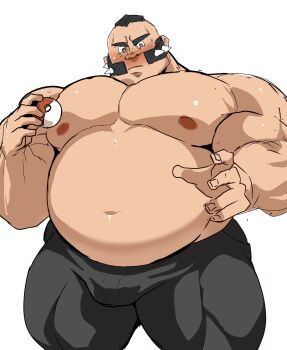 1boy bara big_belly black_hair blush closed_mouth commentary_request facial_hair grey_eyes highres holding holding_poke_ball huge_pectorals kaeru333938123 male_focus mohawk muscular muscular_male navel nintendo nipples pants pectorals philippe_(pokemon) poke_ball pokemon pokemon_legends:_z-a simple_background solo strongman_waist topless_male white_background