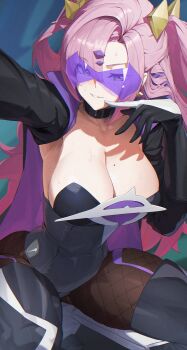 1girl absurdres alternate_costume armpits black_boots black_choker black_gloves black_leotard black_pantyhose black_shrug boots breasts choker commentary english_commentary eye_mask fishnet_pantyhose fishnets gloves green_eyes highres large_breasts leotard long_hair looking_at_viewer mask mole mole_on_breast nicole_demara pantyhose parted_lips pink_hair reaching reaching_towards_viewer roro_(tpghksdlzpq) selfie shrug_(clothing) solo strapless strapless_leotard sweat thigh_boots white_mouth zenless_zone_zero
