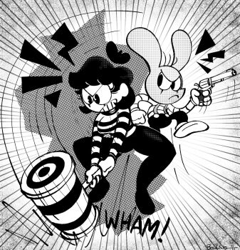 Rule 34 | 1boy, 1girl, 2025, animal ears, artist name, beret, bonzo rabbit (imrachets), breasts, closed mouth, commentary, english commentary, full body, greyscale, gun, hammer, hat, highres, holding, holding gun, holding hammer, holding weapon, imrachets, mime, monochrome, mute, mute the mime (imrachets), open mouth, original, rabbit, rabbit boy, rabbit ears, signature, spread legs, squatting, teeth, toon (style), weapon