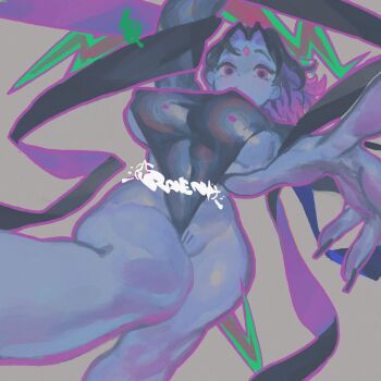 1girl arm_up black_hair black_leotard breasts closed_mouth colored_inner_hair colored_skin covered_erect_nipples covered_navel dc_comics dot_mouth eyeshadow facial_mark feet_out_of_frame forehead_jewel forehead_mark foreshortening from_below full_body grey_skin hagoromo highleg highleg_leotard highres keziedra large_breasts leotard long_sleeves looking_at_viewer looking_down makeup multicolored_hair outline outstretched_arm outstretched_hand pubic_hair pubic_hair_peek purple_eyes purple_eyeshadow purple_hair purple_outline raven_(dc) reaching reaching_towards_viewer shawl short_hair sideboob solo teen_titans two-tone_hair