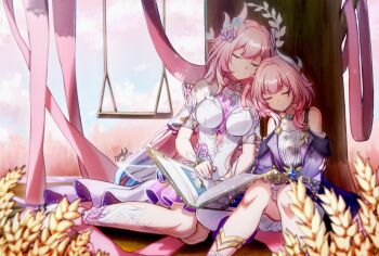 2girls astartlink book chinese_commentary closed_eyes closed_mouth coat commentary_request cyrene_(demiurge)_(honkai:_star_rail) cyrene_(honkai:_star_rail) cyrene_(philia093)_(honkai:_star_rail) dated dress earrings flower hair_flower hair_ornament highres honkai:_star_rail honkai_(series) jewelry multiple_girls necklace open_book outdoors pink_hair pink_nails pointy_ears purple_coat shadow sidelocks signature sitting sky smile swing wheat white_dress yokozuwari