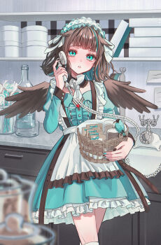 1girl absurdres antique_phone apron basket bird blush brown_hair brown_wings clip_studio_paint_(medium) commentary_request corded_phone cowboy_shot dress feathered_wings frilled_apron frilled_dress frilled_hairband frills green_dress green_eyes green_streaks hairband highres holding holding_basket holding_phone juliet_sleeves kneehighs long_sleeves looking_at_viewer multicolored_hair original parted_lips phone puffy_sleeves rotary_phone satori_suzuha short_hair socks solo standing streaked_hair white_apron white_hairband white_socks wings