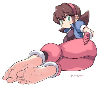 1girl alternate_universe ankle_cuffs ass barefoot black_bodysuit blue_jacket bodysuit brown_hair gloves green_eyes headband highres jacket mega_man_(series) mega_man_legends_(series) open_clothes open_jacket oyatsu_(mk2) pants pink_gloves pink_headband pink_pants presenting presenting_ass presenting_foot short_sleeves skull_pendant smile soles toes tron_bonne_(mega_man) white_background wrist_cuffs