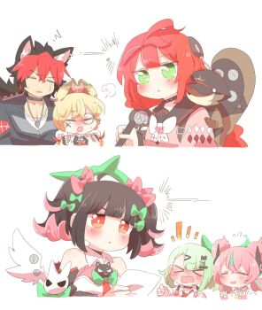Rule 34 | > <, 1boy, 5girls, alice thymefield, angels of delusion, animal ear fluff, animal ears, aria (zenless zone zero), bare shoulders, black hair, blonde hair, blush, body writing, bright pupils, chibi, closed eyes, commentary request, cropped torso, dog boy, dog ears, double-parted bangs, green eyes, green hair, holding, holding paper, holding pen, kamanosuke (zenless zone zero), komano manato, long hair, multicolored hair, multiple girls, nangong yu, open mouth, paper, parted bangs, parted lips, pen, pink hair, pink sweater, rabbit ears, rabbit girl, rebecca (keinelove), red hair, short hair, simple background, sunna (zenless zone zero), sweater, two-tone hair, ukinami yuzuha, white background, white pupils, zenless zone zero