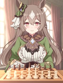 1girl animal_ears ascot blush bow braid breasts brown_ascot brown_eyes brown_hair doqute_stuffed_doll double-parted_bangs ear_ornament ear_ribbon funamori hair_between_eyes half_up_braid half_updo highres horse_ears horse_girl large_breasts long_hair long_sleeves looking_at_viewer multicolored_hair satono_diamond_(natural_brilliance)_(umamusume) satono_diamond_(umamusume) sleeves_past_fingers sleeves_past_wrists smile solo streaked_hair umamusume very_long_hair