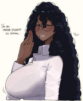1girl adjusting_eyewear black-framed_eyewear black_hair blush breasts broccoli_(ohasi) collared_shirt commentary dark-skinned_female dark_skin english_text face_piercing from_side glasses half-closed_eyes hand_on_eyewear hand_up kinky_hair large_breasts lip_piercing long_hair long_sleeves looking_at_viewer nose_piercing nostril_piercing ohasi one_eye_closed original piercing round_eyewear school_uniform shirt side_labret_piercing simple_background smile solo symbol-only_commentary thick_lips upper_body very_dark_skin white_background white_shirt
