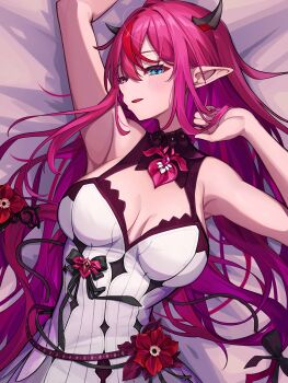 1girl absurdres arm_up armpits bare_arms bed_sheet blue_eyes breasts cleavage cleavage_cutout clothing_cutout dress h4kuuua_0 halter_dress halterneck hand_in_own_hair hand_up hashtag-only_commentary highres hololive hololive_english horns irys_(hololive) irys_(irys_2.0)_(hololive) large_breasts long_hair looking_at_viewer lying on_back open_mouth pink_eyes pointy_ears purple_hair sleeveless sleeveless_dress solo star-shaped_pupils star_(symbol) symbol-shaped_pupils very_long_hair virtual_youtuber white_dress