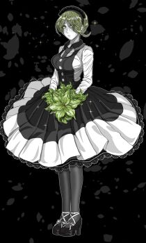 Rule 34 | 1girl, ankle ribbon, black background, black dress, black gloves, black hairband, black pantyhose, black shoes, blonde hair, bouquet, circle skirt, closed mouth, collared shirt, commentary request, contrast collar, danganronpa (series), danganronpa v3: killing harmony, dress, eyelashes, eyes visible through hair, floating clothes, flower, footwear ribbon, frilled dress, frilled hairband, frills, full body, gloves, green eyes, green flower, hair over one eye, hairband, high heels, highres, holding, holding bouquet, lace, lace-trimmed dress, lace trim, leg ribbon, light frown, lily (flower), long dress, long sleeves, pale skin, pantyhose, pinafore dress, pleated dress, pointy nose, ribbon, shirt, shiruko (mikan4649), shoes, short hair, simple background, sleeveless, sleeveless dress, solo, sparkle, standing, tojo kirumi, white ribbon, white shirt