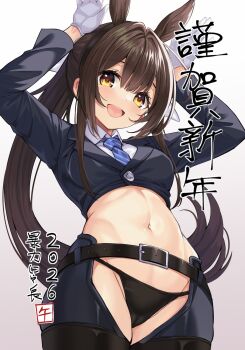 1girl animal_ears belt black_belt black_panties blue_necktie blush breasts brown_eyes brown_hair chinese_zodiac commentary_request cropped_jacket cropped_shirt crotchless crotchless_pants dreamlight2000 gloves hair_intakes highres horse_ears horse_girl long_sleeves looking_at_viewer medium_breasts midriff navel necktie nengajou new_year open_mouth original panties pants ponytail shirt simple_background smile striped_clothes striped_necktie translation_request underwear white_background white_gloves white_shirt year_of_the_horse yellow_eyes