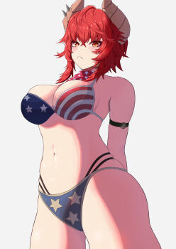 1girl absurdres american_flag american_flag_bikini american_flag_print arm_strap arms_behind_back bikini blue_bikini braid breasts brown_vest closed_mouth commentary cowboy_shot dragon_girl dragon_horns flag_print flag_print_bikini highres horns large_breasts long_hair looking_at_viewer meibin print_bikini red_bikini red_hair solo swimsuit twin_braids very_long_hair vest virtual_youtuber vshojo white_background yellow_eyes zentreya zentreya_(cowboy_bikini) zentreya_(dragon)