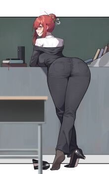 1girl absurdres ass bairimeng bent_over black_jacket black_pants black_shoes blue_eyes blush book breasts brown_socks commentary_request desk from_behind full_body glasses hair_bun hair_ornament hair_stick high_heels highres jacket large_breasts long_sleeves medium_hair off_shoulder pants red_hair school_desk semi-rimless_eyewear shirt shoes sidelocks single_hair_bun socks solo thermos under-rim_eyewear unworn_shoes white_shirt yellow-framed_eyewear