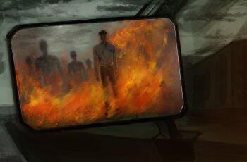 5others absurdres agremur belt black_hair blood blood_on_clothes burning car close-up cloud cloudy_sky dark embers facing_viewer fire full_body highres motor_vehicle multiple_others outdoors people pov rear-view_mirror reflection reflection_focus seong_gi-hun shirt short_hair sky squid_game white_shirt