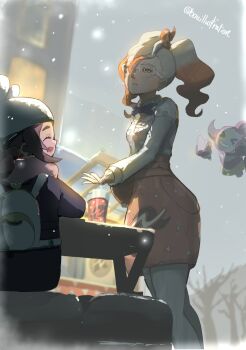 Rule 34 | > <, 2girls, :d, ansha (pokemon), apron, backpack, bag, bare tree, black coat, bo (bouillustration), bow, bowtie, building, closed eyes, coat, commentary request, cup, disposable coffee cup, disposable cup, eyelashes, gen 6 pokemon, glasses, grey sky, griselle (pokemon), hat, highres, hoopa, hoopa (confined), legendary pokemon, long sleeves, multiple girls, mythical pokemon, nintendo, open mouth, orange apron, outdoors, pink scarf, pokemon, pokemon (creature), pokemon legends: z-a, scarf, sitting, sky, smile, tree, twitter username, waist apron, watermark, white-framed eyewear, white bag