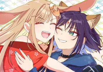 2girls animal_ear_fluff animal_ears black_choker blonde_hair blue_hoodie blue_nails cheek-to-cheek cherry_blossom_print choker chou_kaguya-hime! commentary_request crescent crescent_hair_ornament floral_print fox_ears green_eyes hair_ornament heads_together heart hood hood_down hoodie hug iroha_sakayori japanese_clothes kaguya_(chou_kaguya-hime!) kimono long_hair long_sleeves medium_hair multiple_girls one_eye_closed open_mouth pix_amadoi portrait purple_hair rabbit_ears red_kimono short_sleeves smile straight_hair