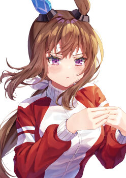 Rule 34 | 1girl, absurdres, admire vega (umamusume), animal ears, blush, breasts, brown hair, closed mouth, commentary request, ear covers, hair between eyes, highres, horse ears, horse girl, jacket, long hair, long sleeves, low ponytail, medium breasts, ponytail, purple eyes, red jacket, simple background, single ear cover, solo, tracen training uniform, track jacket, umamusume, upper body, white background, yoru usagi