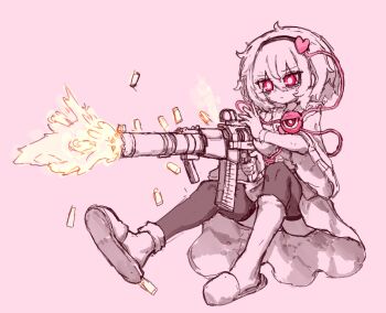 Rule 34 | 1girl, as val, assault rifle, asymmetrical legwear, breasts, buttons, closed mouth, eyeball, gloves, gun, hair between eyes, hairband, heart, heart button, highres, holding, holding gun, holding weapon, kalashnikov rifle, kneehighs, komeiji satori, large breasts, medium hair, pink theme, rampa93, red eyes, rifle, scope, shell casing, shirt, skirt, slippers, socks, solo, spot color, third eye, touhou, uneven legwear, weapon
