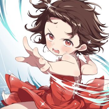 1girl blush brown_hair commentary_request dress figure_skating figure_skating_dress gamuo looking_at_viewer medalist_(manga) open_mouth red_dress red_eyes short_hair solo yuitsuka_inori