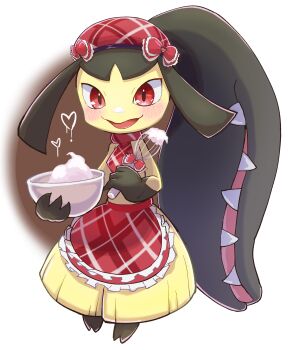 absurdres apron blush bow full_body gen_3_pokemon hat hat_bow heart highres looking_at_viewer mawile mawile_(confectioner) mixing_bowl nintendo pokemon pokemon_(creature) pokemon_cafe_remix red_eyes red_hat smile standing tkc_(user_snjd8547) whipped_cream whisk white_background